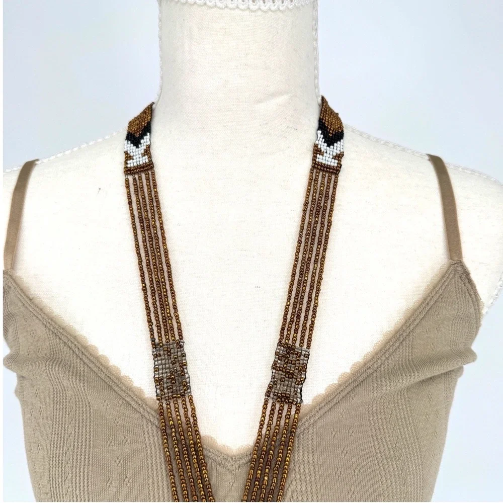 Boho‎ Seed Bead Fringe Statement Necklace Southwestern Tribal Festival Western